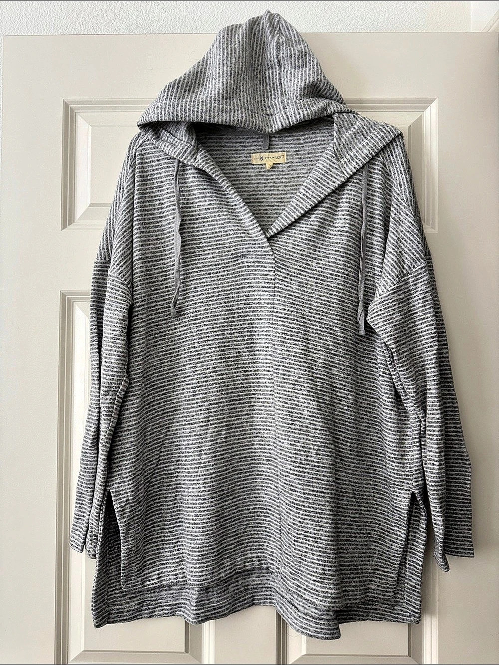 Lou & Grey for Loft Striped Hooded Sweater Gray & White Size Large